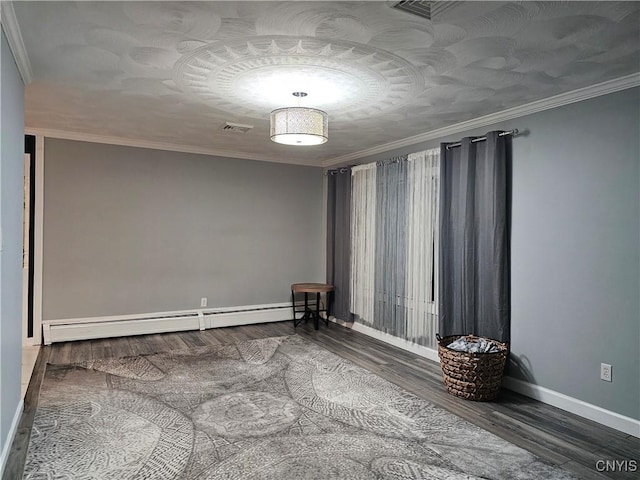 unfurnished room featuring a baseboard heating unit, dark wood-type flooring, and ornamental molding