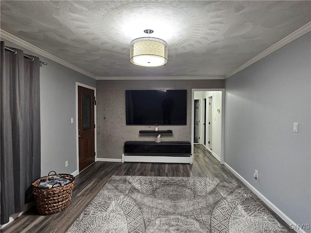 living room with hardwood / wood-style floors and ornamental molding