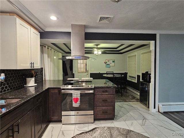 kitchen featuring stainless steel electric range, a baseboard radiator, ornamental molding, dark stone counters, and white cabinets