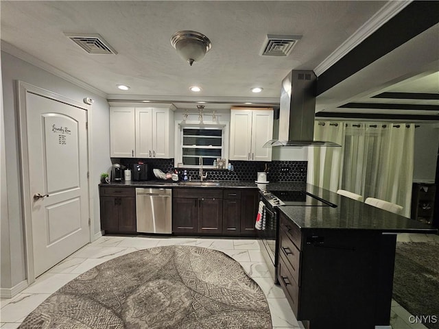 kitchen with range with electric cooktop, island range hood, sink, white cabinets, and stainless steel dishwasher