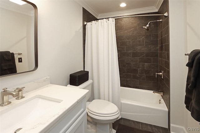 full bathroom featuring vanity, ornamental molding, toilet, and shower / bathtub combination with curtain