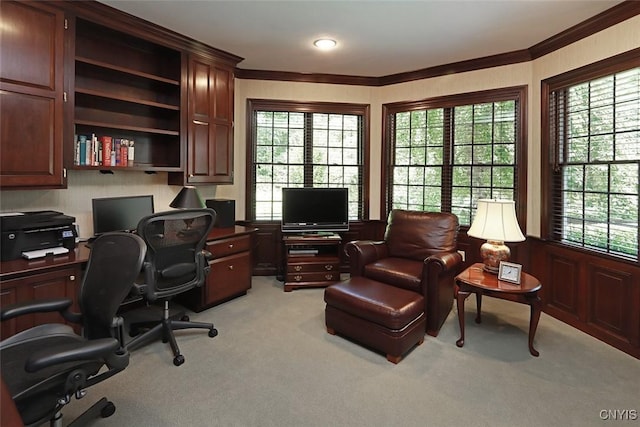 office space featuring crown molding, light colored carpet, and a wealth of natural light