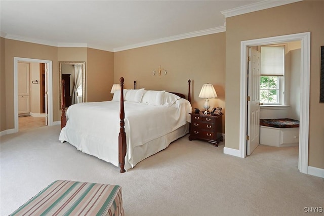 bedroom featuring light colored carpet, ensuite bathroom, and ornamental molding