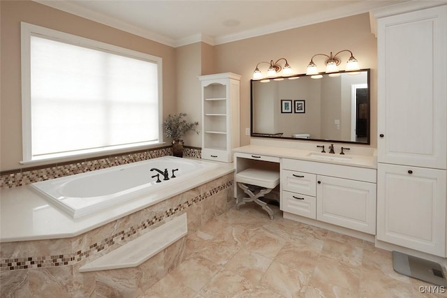 bathroom featuring ornamental molding, a relaxing tiled tub, and vanity