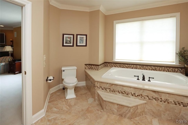 bathroom with crown molding, toilet, and a healthy amount of sunlight