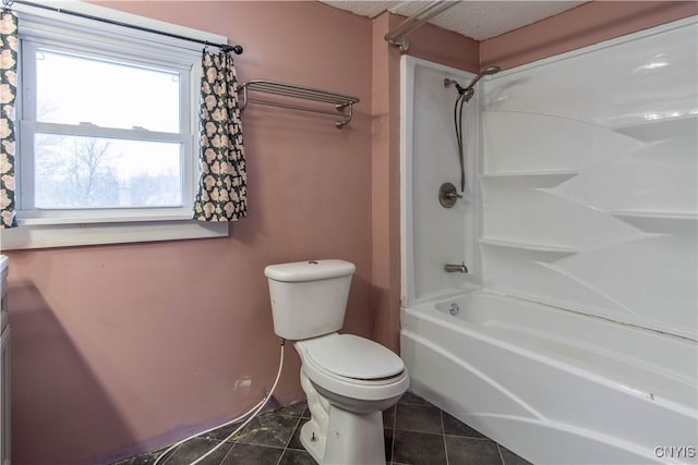 bathroom featuring shower / tub combo, toilet, tile patterned flooring, and a textured ceiling