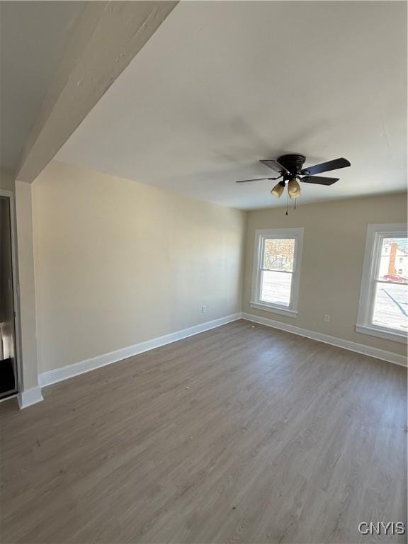 spare room with wood-type flooring, plenty of natural light, and ceiling fan