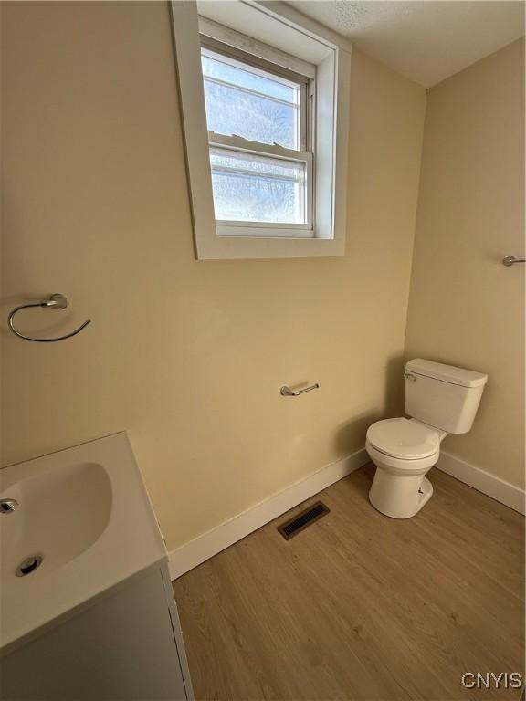 bathroom featuring wood-type flooring, vanity, and toilet