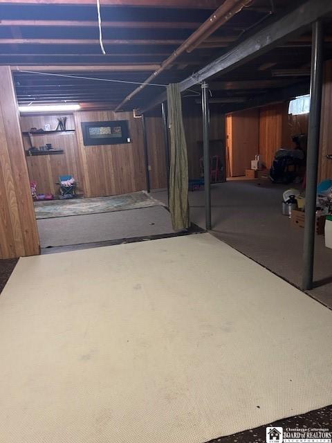 basement with wooden walls