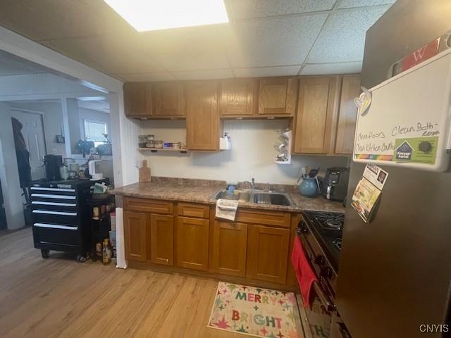 kitchen with appliances with stainless steel finishes, sink, light hardwood / wood-style flooring, and a drop ceiling