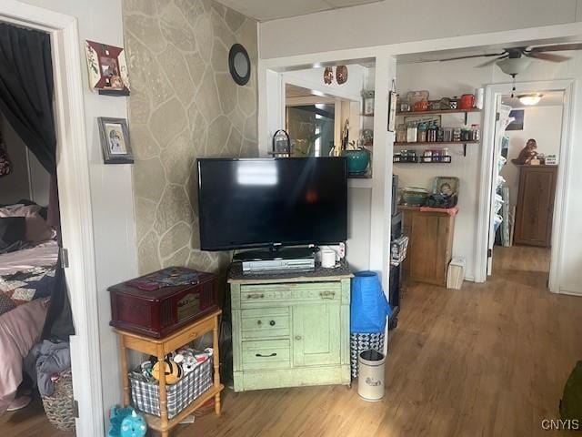 living room featuring hardwood / wood-style flooring and ceiling fan