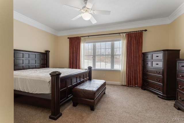 bedroom with ceiling fan, ornamental molding, and light carpet