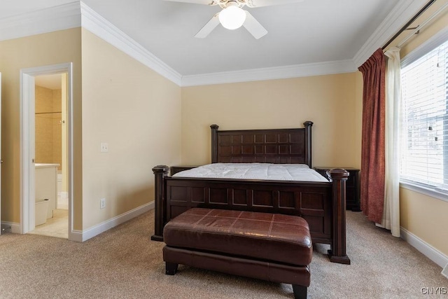 bedroom with light carpet, connected bathroom, crown molding, and ceiling fan