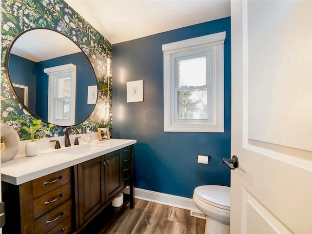 bathroom with wood-type flooring, vanity, and toilet