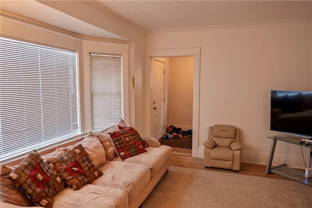 living room with crown molding and light wood-type flooring