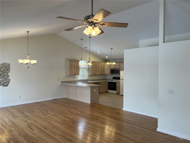 kitchen with white range with electric stovetop, sink, kitchen peninsula, dark wood-type flooring, and light brown cabinets