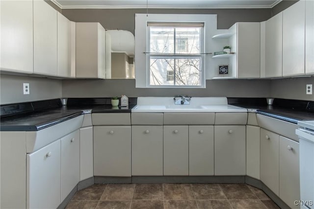 kitchen featuring white cabinetry, sink, and ornamental molding