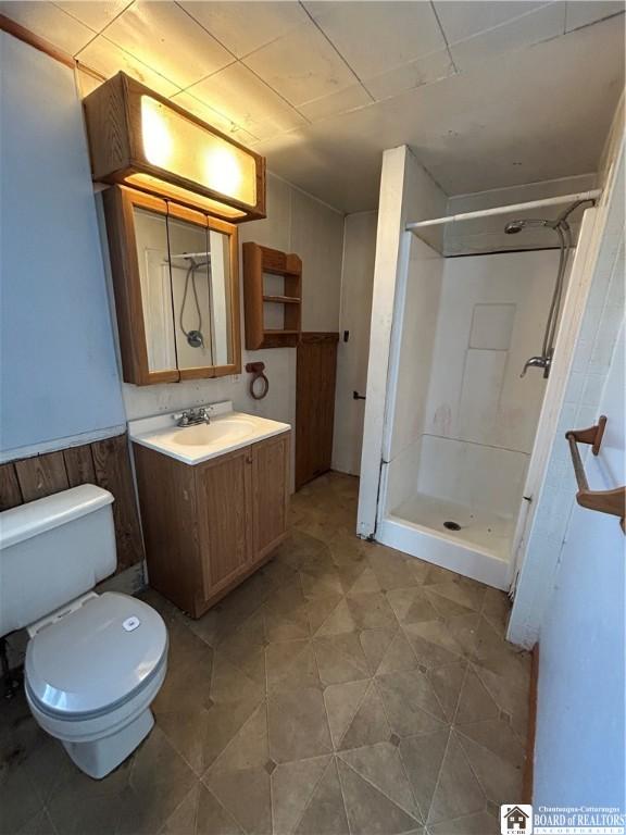 bathroom featuring vanity, wood walls, toilet, and walk in shower