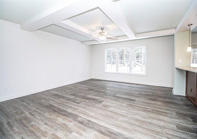 interior space featuring beamed ceiling, ceiling fan, coffered ceiling, and dark hardwood / wood-style floors