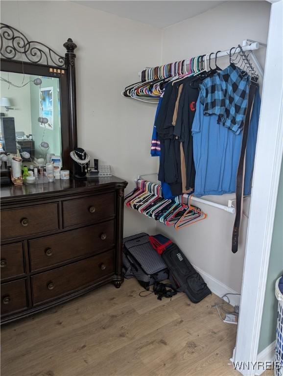 walk in closet with light wood finished floors