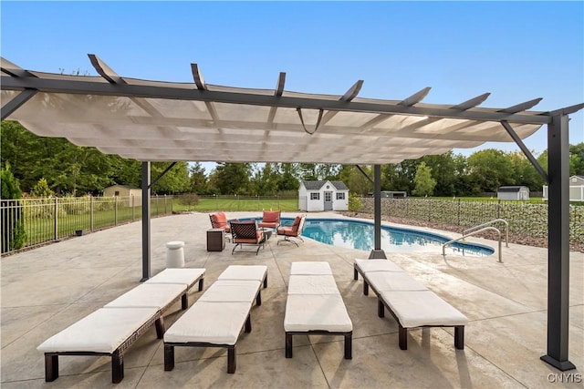 view of pool featuring a storage unit, a pergola, an outdoor living space, and a patio