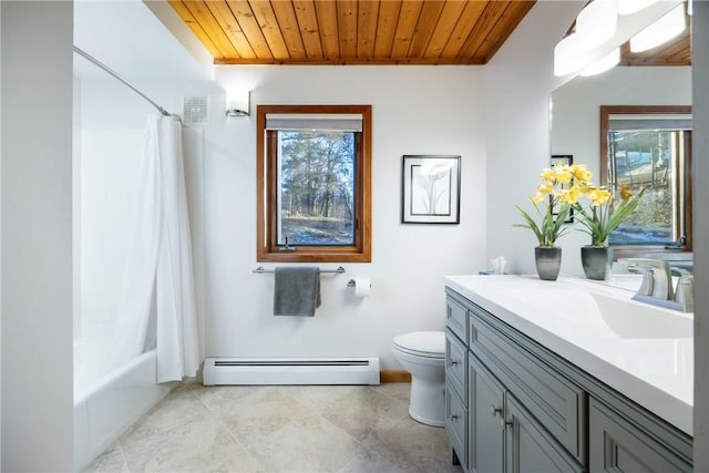 11995 E Lake Rd, Wayne, NY 14840 - full bathroom featuring a baseboard radiator, wooden ceiling, vanity, toilet, and shower / bath combo
