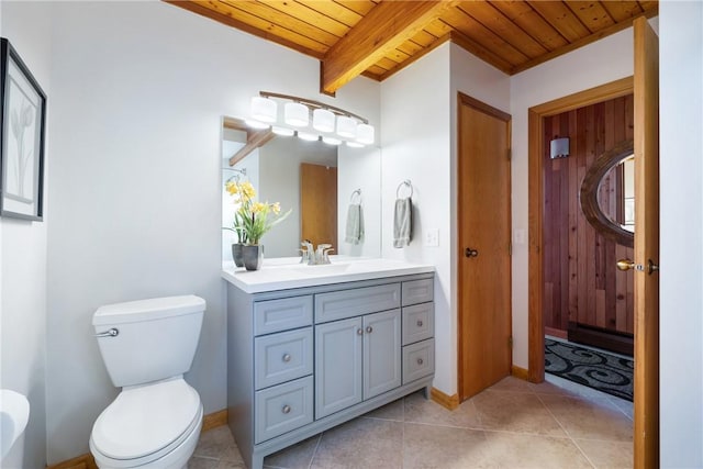 bathroom featuring toilet, wooden ceiling, vanity, beam ceiling, and tile patterned flooring