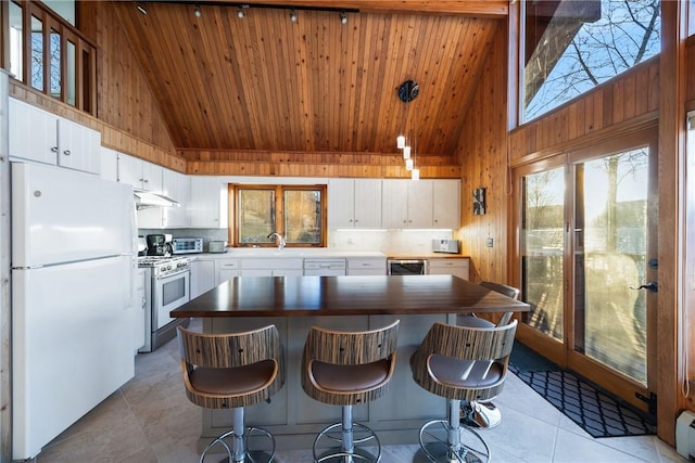 kitchen featuring white cabinetry, high vaulted ceiling, wood ceiling, and white appliances