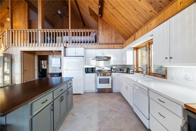 kitchen featuring sink, white appliances, high vaulted ceiling, white cabinets, and wooden ceiling