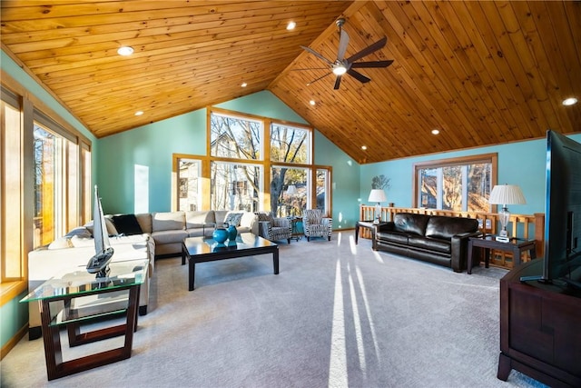 11995 E Lake Rd, Wayne, NY 14840 - carpeted living area with ceiling fan, baseboards, wooden ceiling, high vaulted ceiling, and recessed lighting