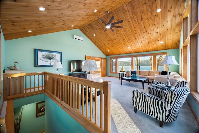 living room with high vaulted ceiling, a wall mounted AC, carpet floors, and wooden ceiling