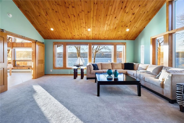 carpeted living room with high vaulted ceiling, wooden ceiling, and a water view