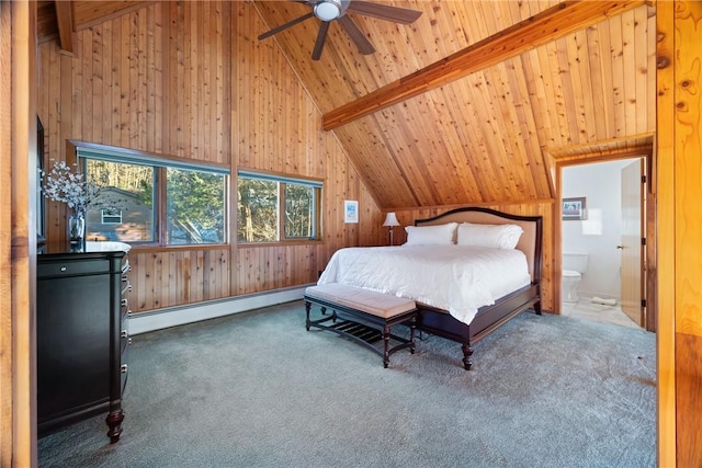 carpeted bedroom with ensuite bathroom, beamed ceiling, a baseboard heating unit, ceiling fan, and wooden ceiling