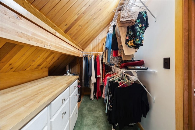 spacious closet with lofted ceiling and dark carpet