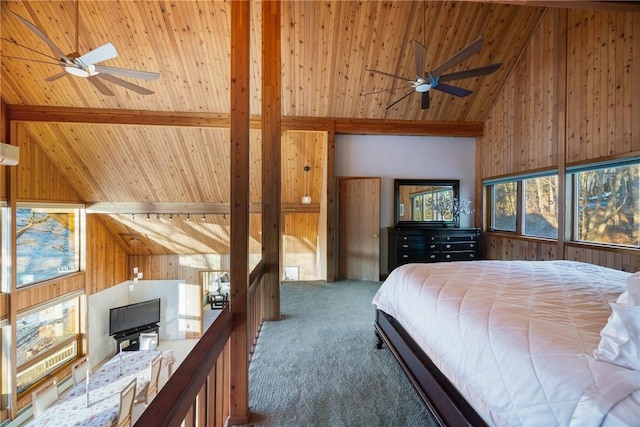 bedroom featuring wood walls, wood ceiling, high vaulted ceiling, carpet flooring, and beamed ceiling