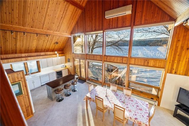 11995 E Lake Rd, Wayne, NY 14840 - living room featuring wood ceiling with exposed beams, a wall mounted air conditioner, wood walls, high vaulted ceiling, and wine cooler
