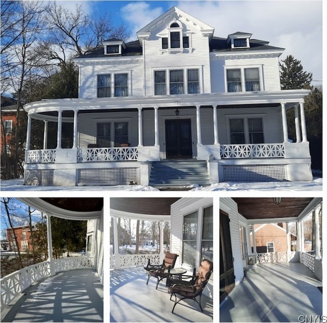 snow covered property with a porch