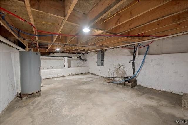 basement with electric panel and electric water heater