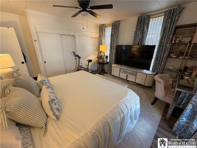 bedroom featuring multiple windows, hardwood / wood-style flooring, and ceiling fan