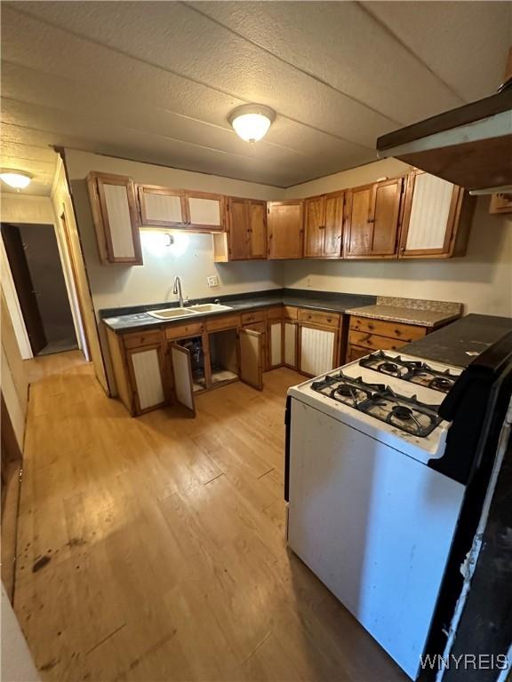 kitchen with sink, ventilation hood, white gas range oven, and light hardwood / wood-style flooring