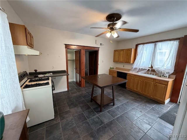 kitchen featuring black dishwasher, white range with gas stovetop, and ceiling fan