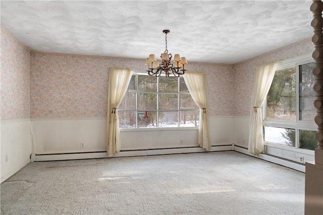 unfurnished dining area with carpet and a chandelier