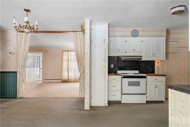 kitchen with pendant lighting, white electric range, white cabinetry, a baseboard heating unit, and carpet floors