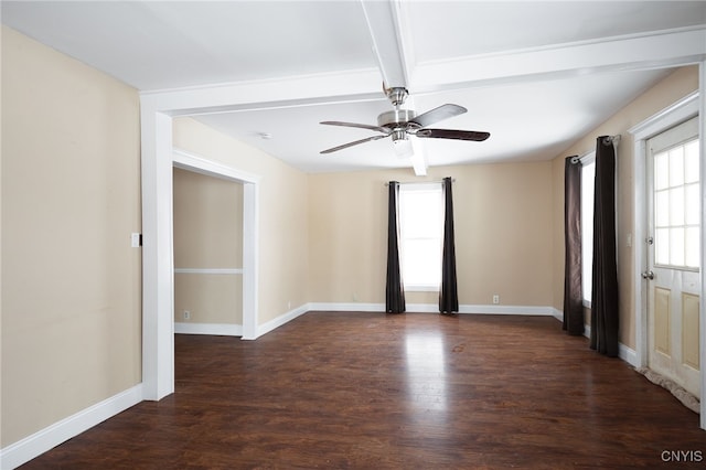 empty room with dark wood-type flooring, beamed ceiling, ceiling fan, and a wealth of natural light