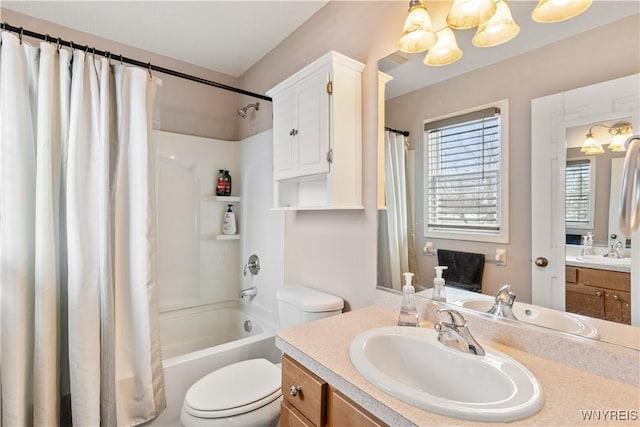 full bathroom with vanity, toilet, and shower / bathtub combination with curtain