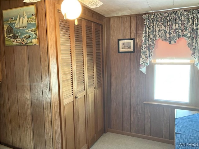 room details with carpet floors and wooden walls