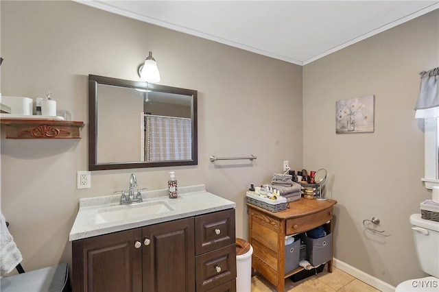 bathroom with tile patterned flooring, vanity, ornamental molding, toilet, and a shower with curtain