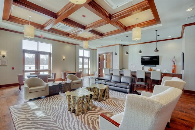 living room with french doors, coffered ceiling, crown molding, beamed ceiling, and hardwood / wood-style floors