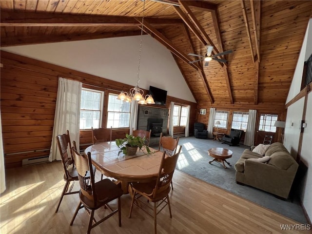 unfurnished dining area featuring wood ceiling, a baseboard radiator, wooden walls, beam ceiling, and hardwood / wood-style floors