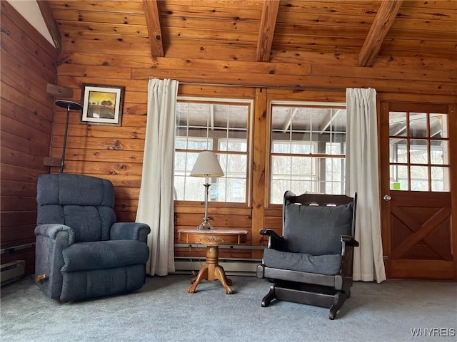 sitting room featuring wood ceiling, carpet floors, lofted ceiling with beams, and baseboard heating